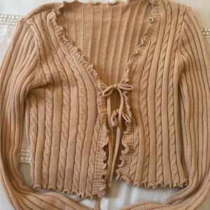 SHEIN Peach Ruffle-Trim Tie-Front Cable Knit Cardigan